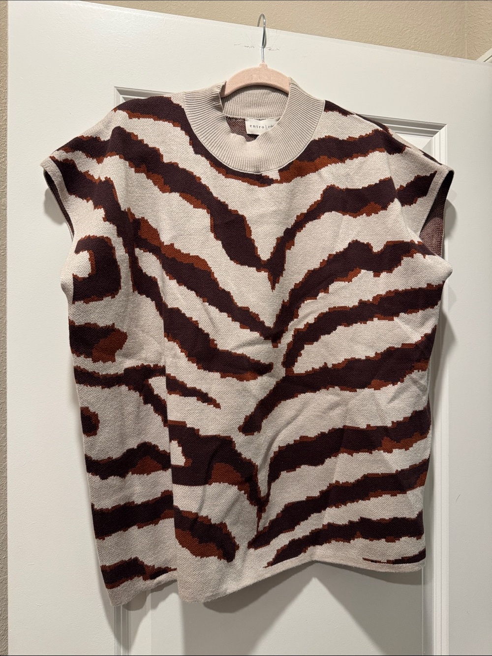 entro Beige Sleeveless Zebra-Stripe Knit Top with Brown Accents